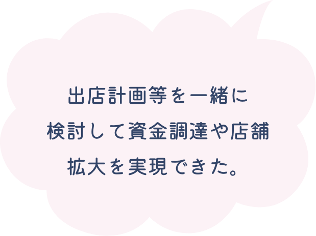 出店計画等を一緒に検討して資金調達や店舗拡大を実現できた。